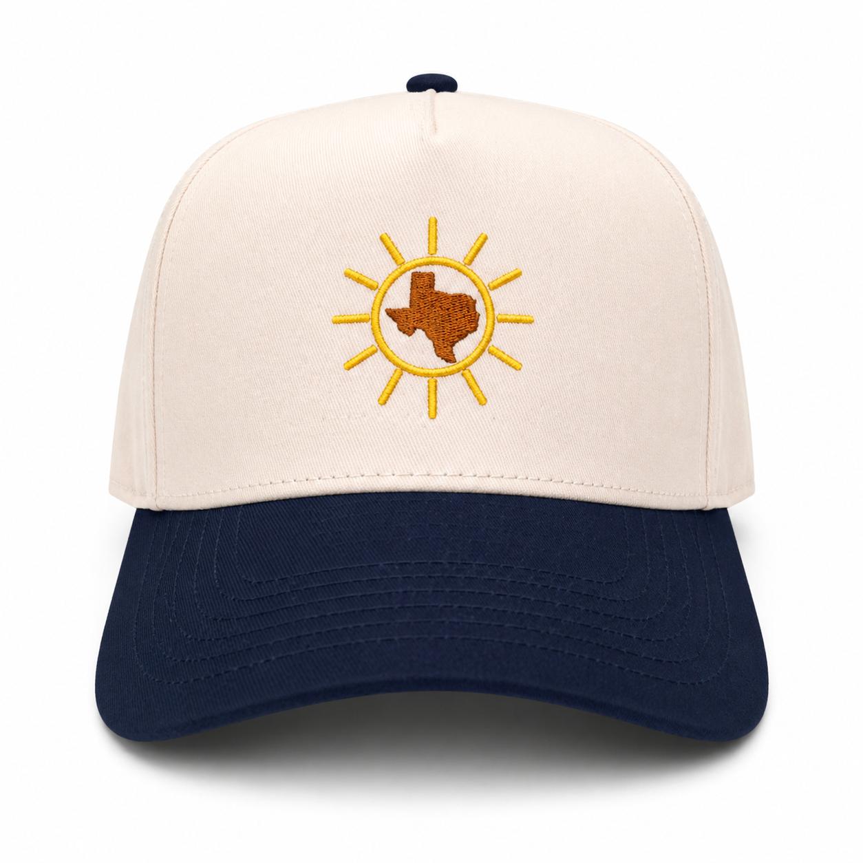 Texas Sun Snapback Hat — Tan/Navy Classic, gold sun with Texas state embroidery, high crown two-tone snapback by Mad Capper