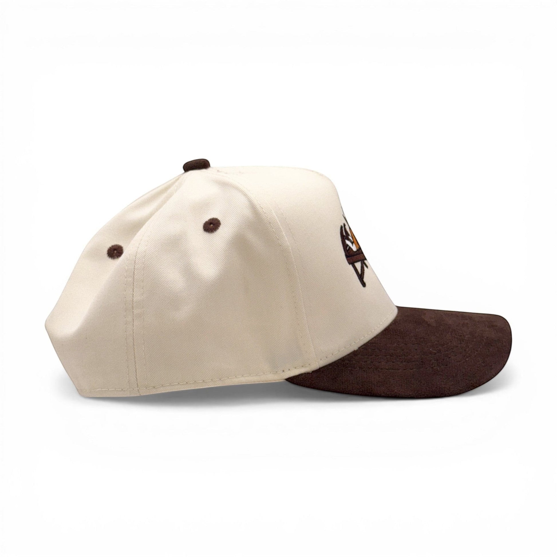 Brownie Massage Suede Bill Cap – angled left view – Mad Capper embroidered hat