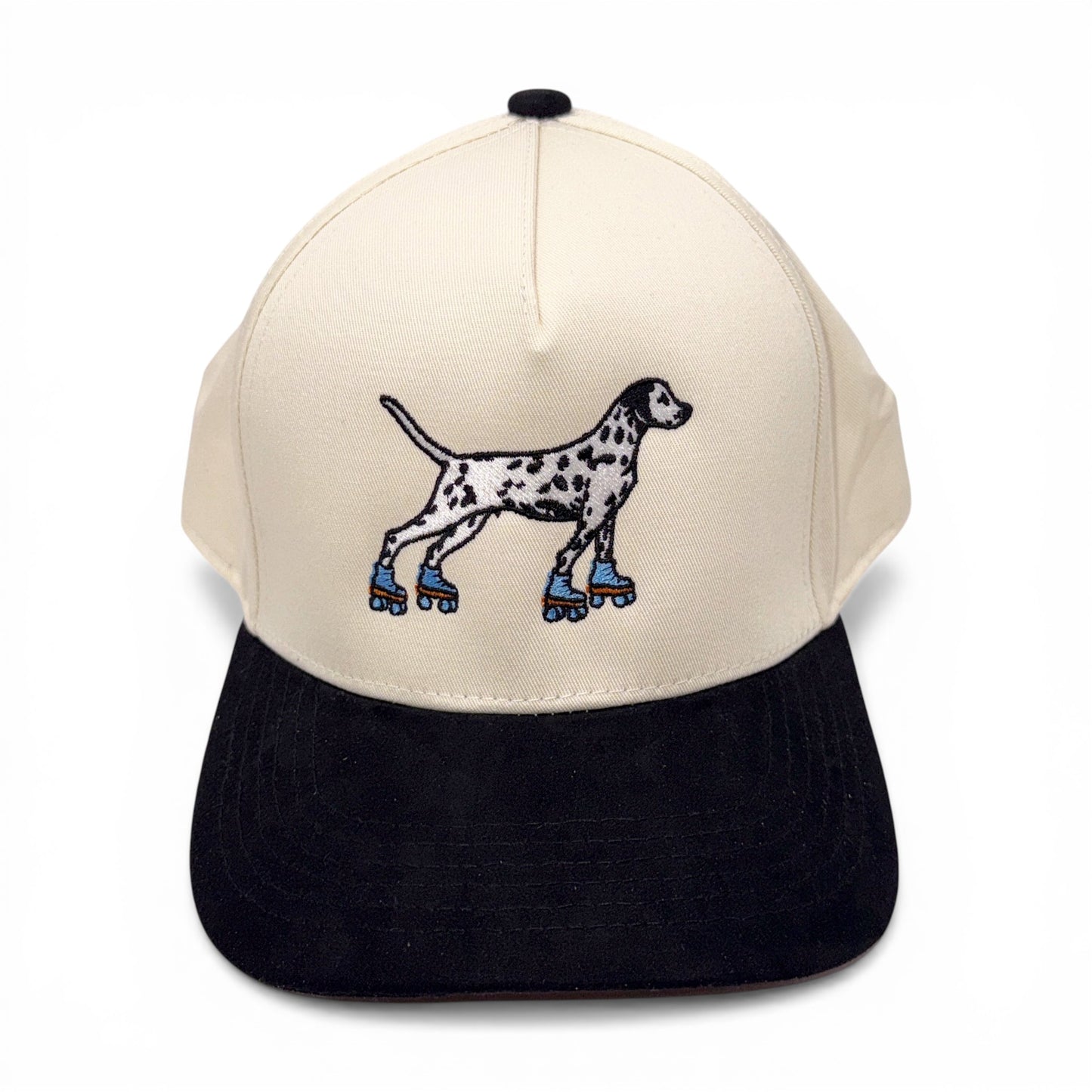 Tall Dalmation on Skates Tan & Black Baseball Cap – side profile – Mad Capper embroidered hat