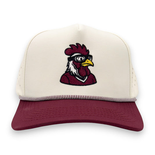 LaRooster Specs rope hat in tan with maroon bill - front view showing South Carolina rooster in eyeglasses embroidery