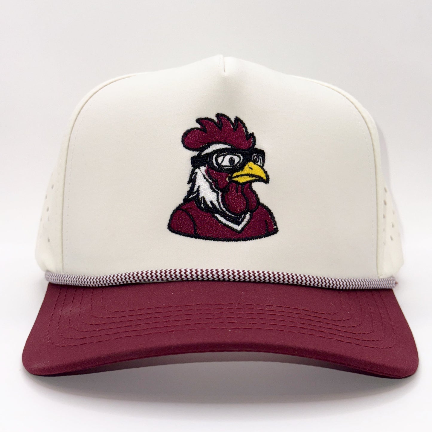 “LaRooster Specs hat – front view embroidered rooster with specs”