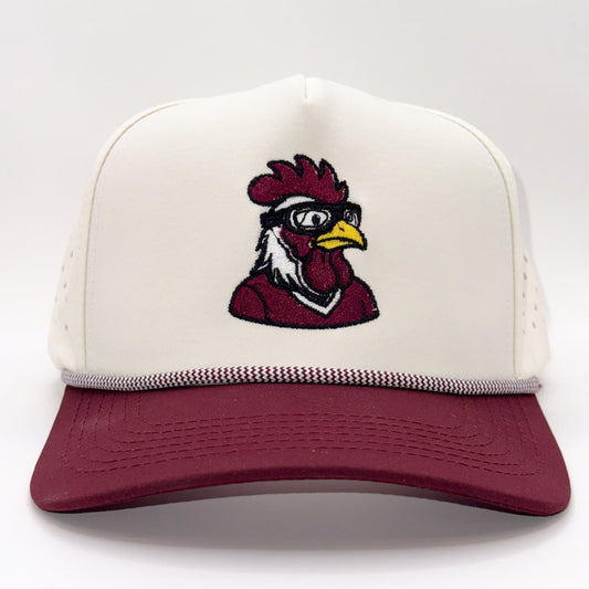 “LaRooster Specs hat – front view embroidered rooster with specs”