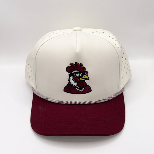 White and maroon cap with a rooster logo on a white background