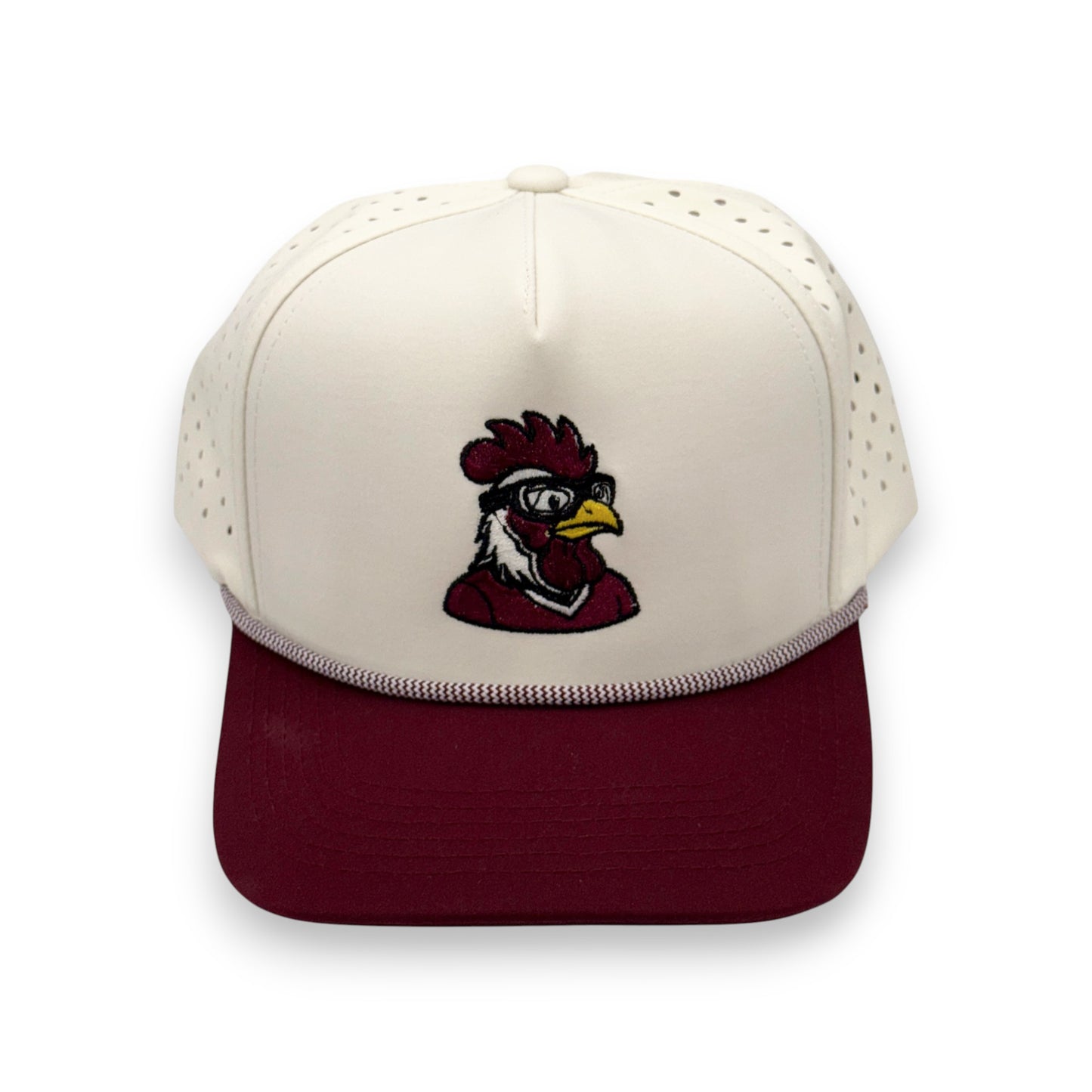 LaRooster Specs maroon cap - front view with embroidered South Carolina rooster logo and mesh red and white rope.
