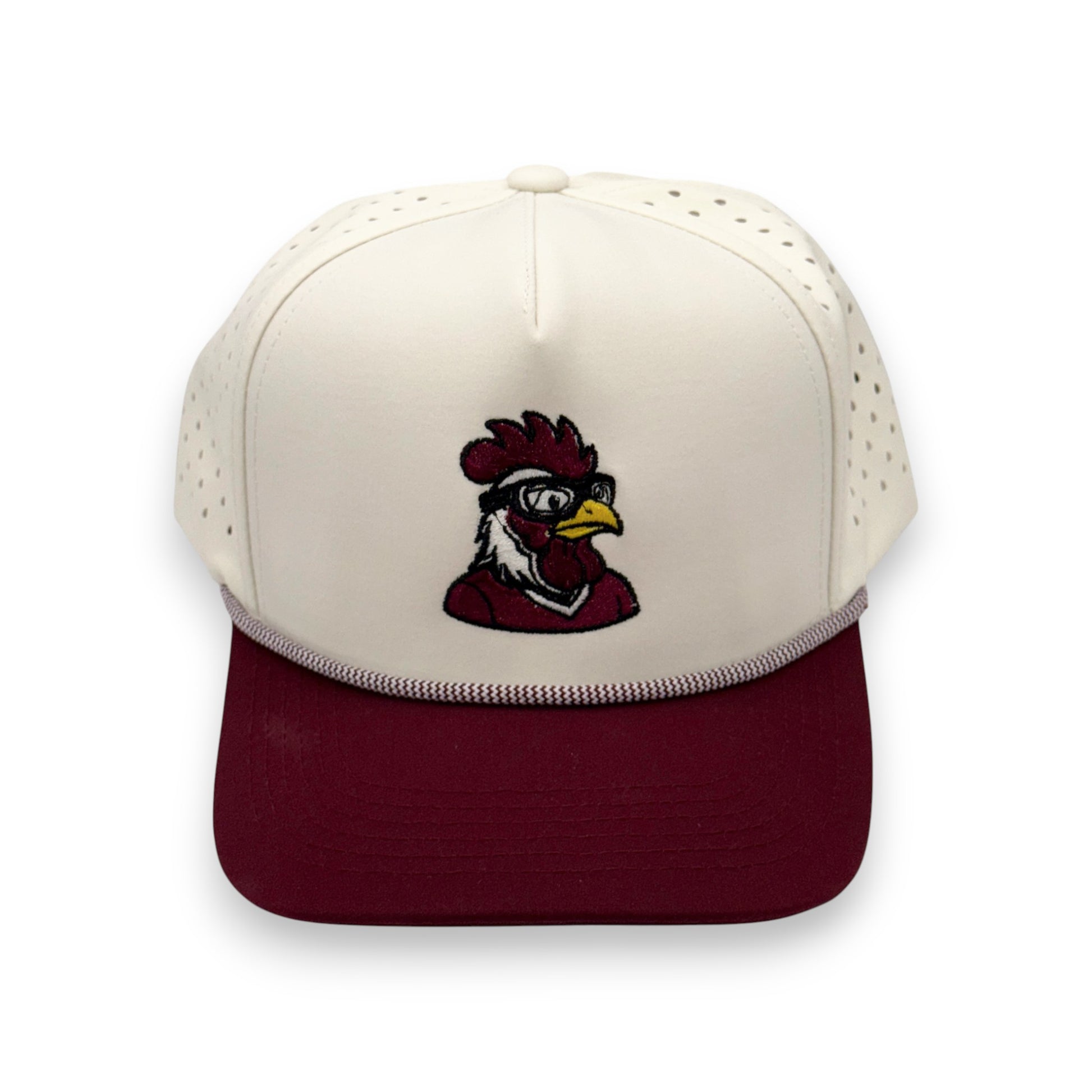 LaRooster Specs maroon cap - front view with embroidered South Carolina rooster logo and mesh red and white rope.

