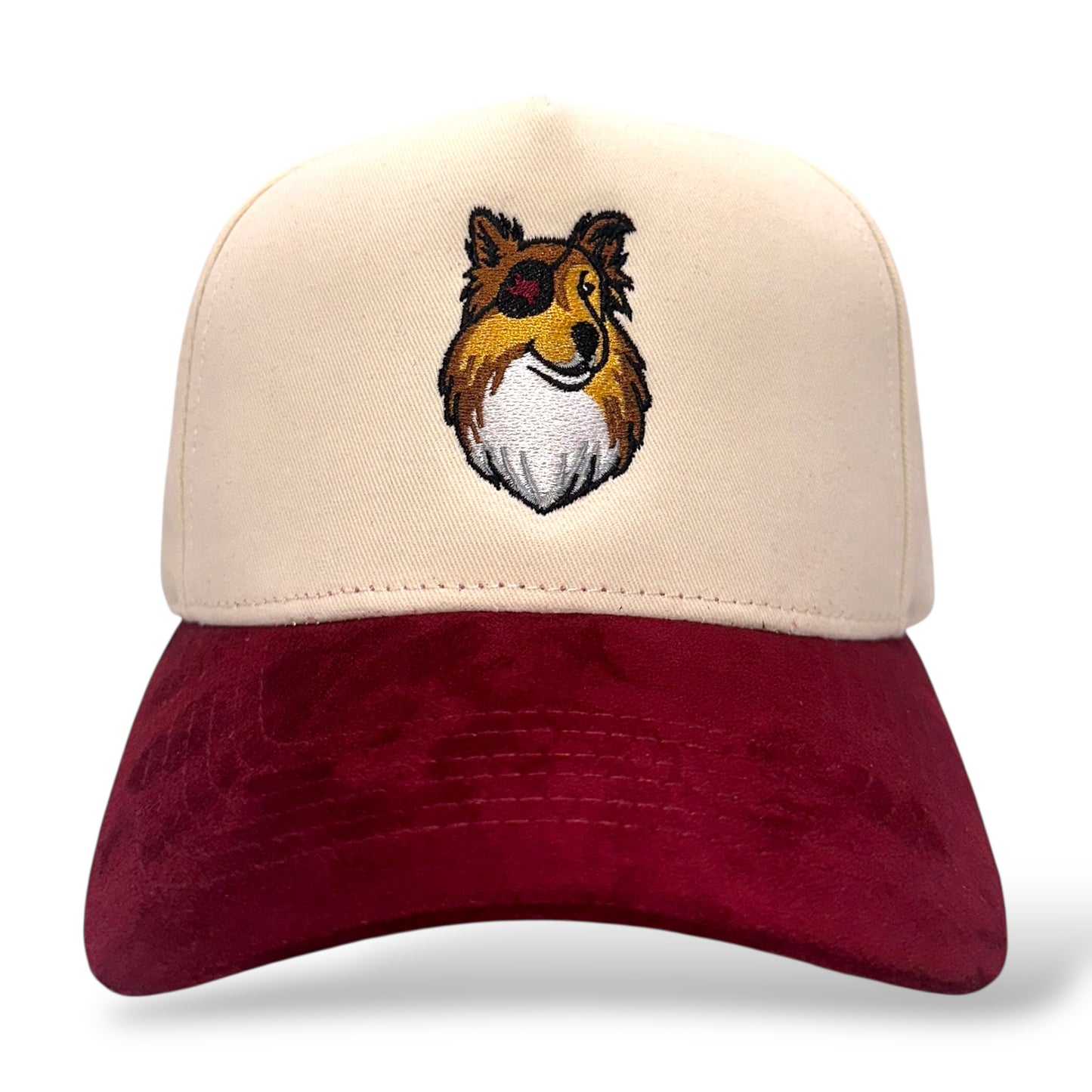TouchHound Hat Tan and Red/Maroon Suede Bill - Front view showing custom embroidered logo and suede Red Bill