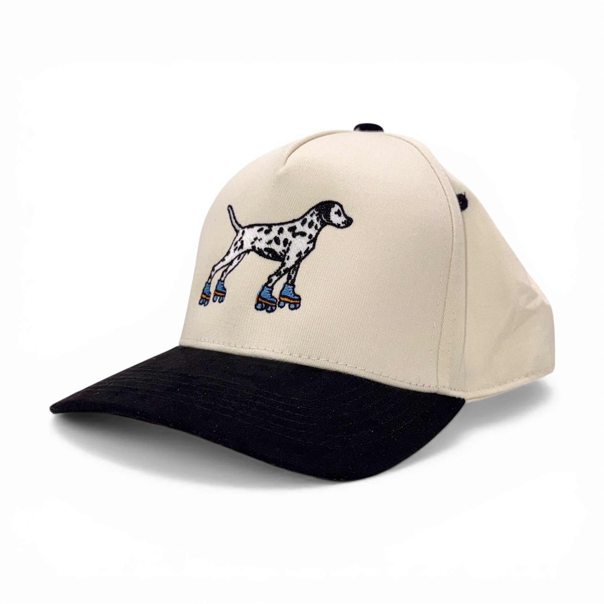 Tall Dalmation on Skates Tan & Black Baseball Cap – angled left view – Mad Capper embroidered hat