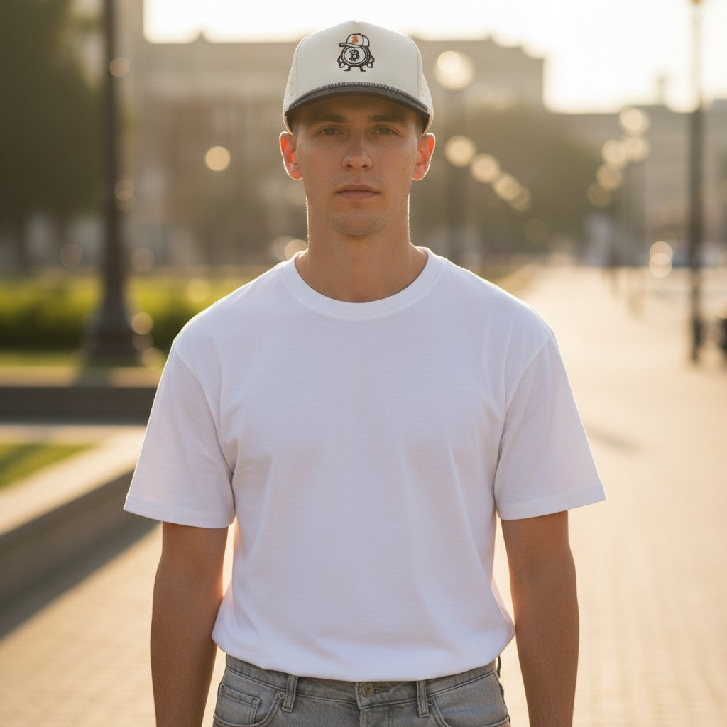 Man wearing a white t-shirt and cap standing on a street with blurred background