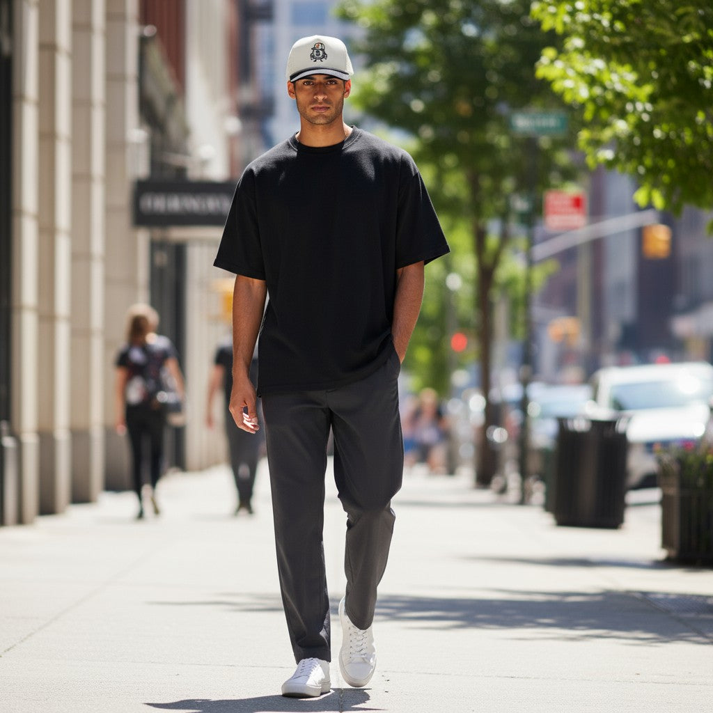 Man walking on a city street wearing a black t-shirt, gray pants, and white sneakers.