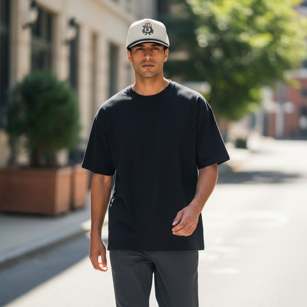 Man wearing a black t-shirt and cap standing on a street with blurred background
