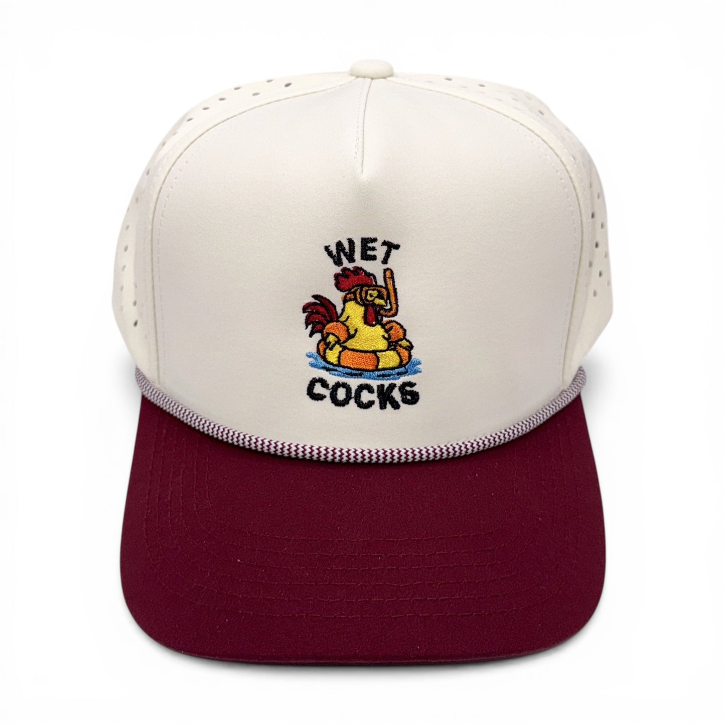Wet Cocks Tan & Maroon Trucker Rope Cap – side profile – Mad Capper embroidered hat