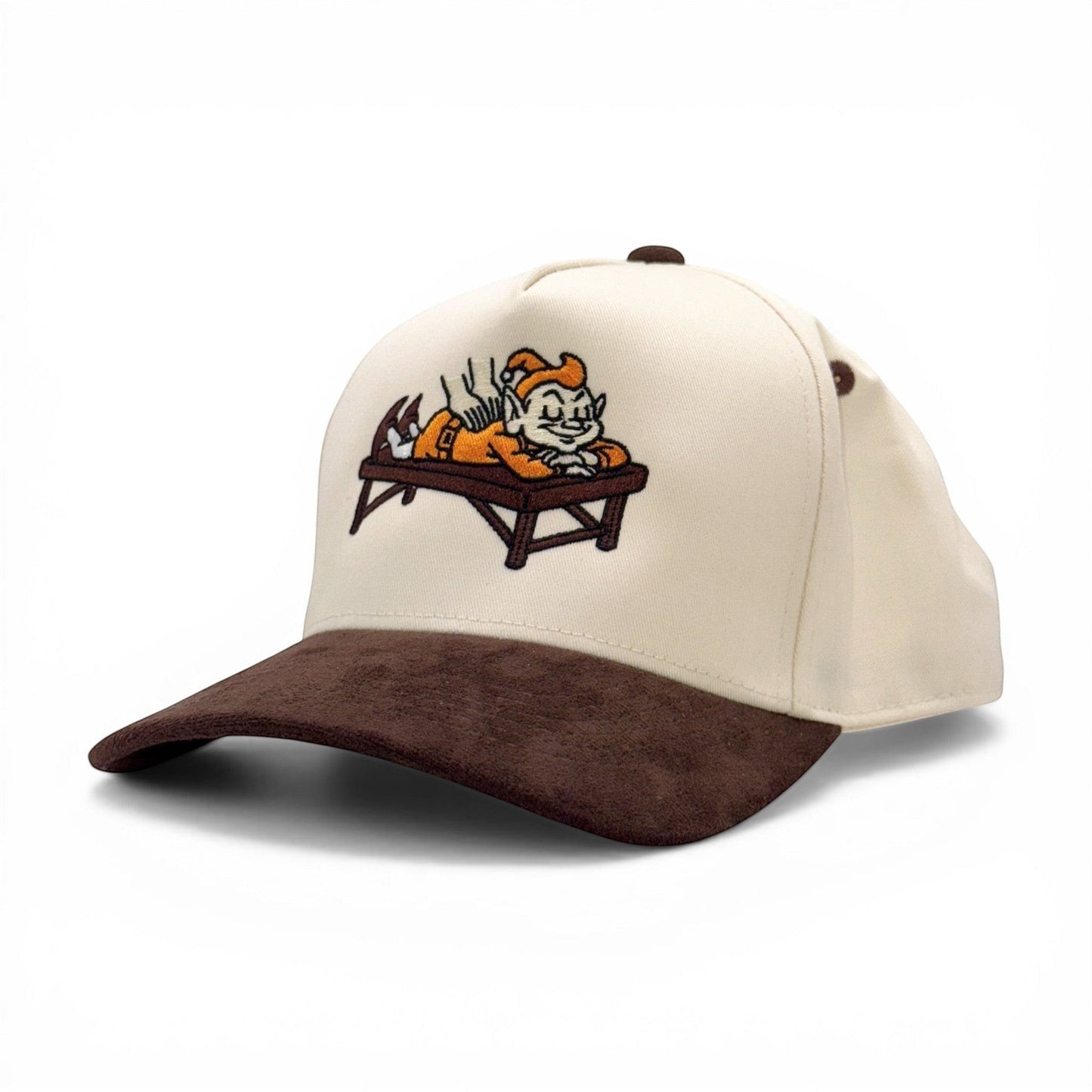 Brownie Massage Suede Bill Cap – side profile – Mad Capper embroidered hat