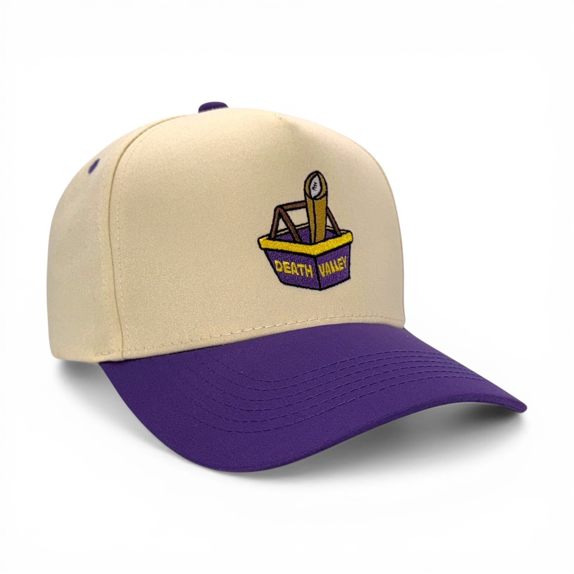 Beige and purple cap with a logo on a white background