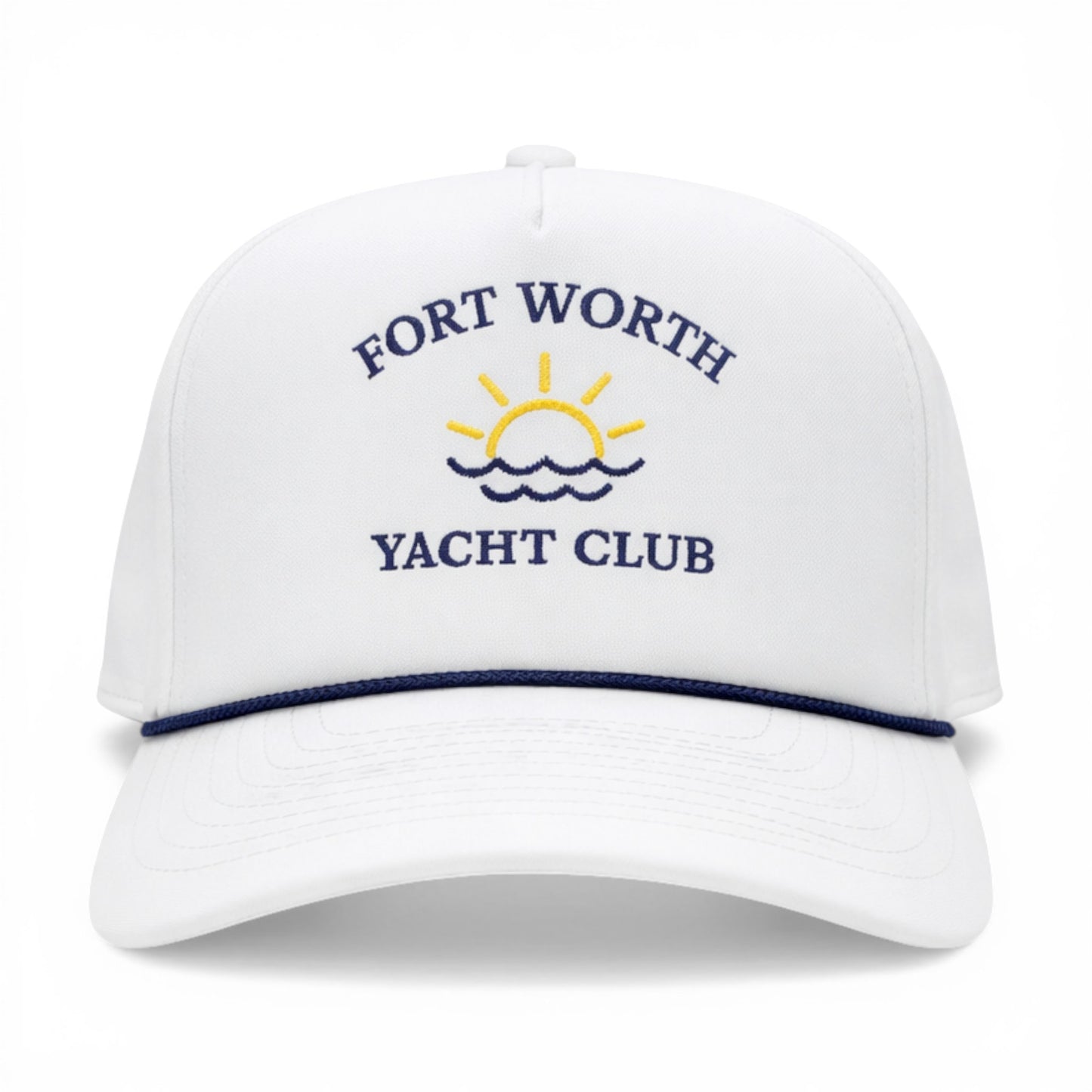 Fort Worth Yacht Club White with Navy Rope Imperial Cap – front view – Mad Capper embroidered hat