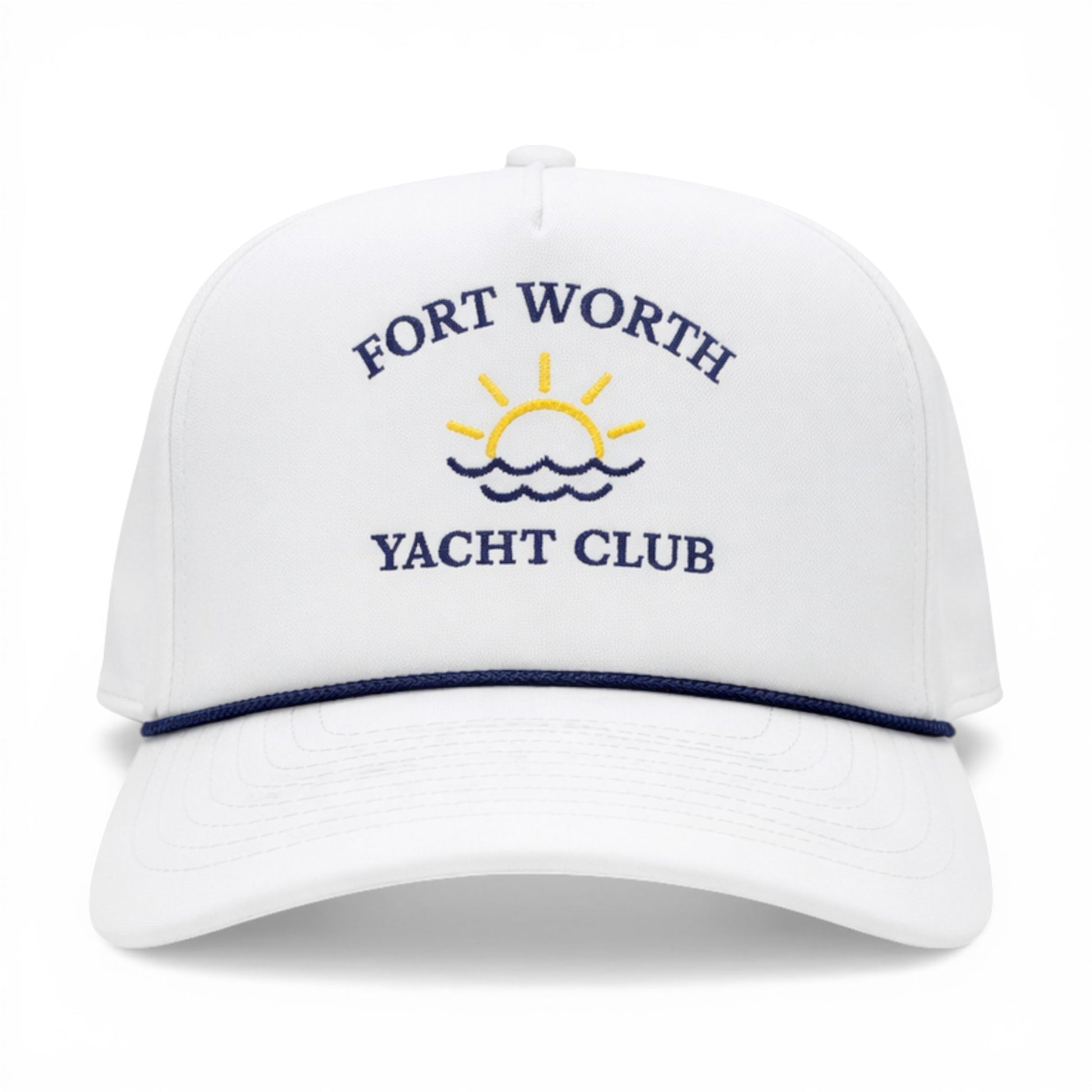 Fort Worth Yacht Club White with Navy Rope Imperial Cap – front view – Mad Capper embroidered hat
