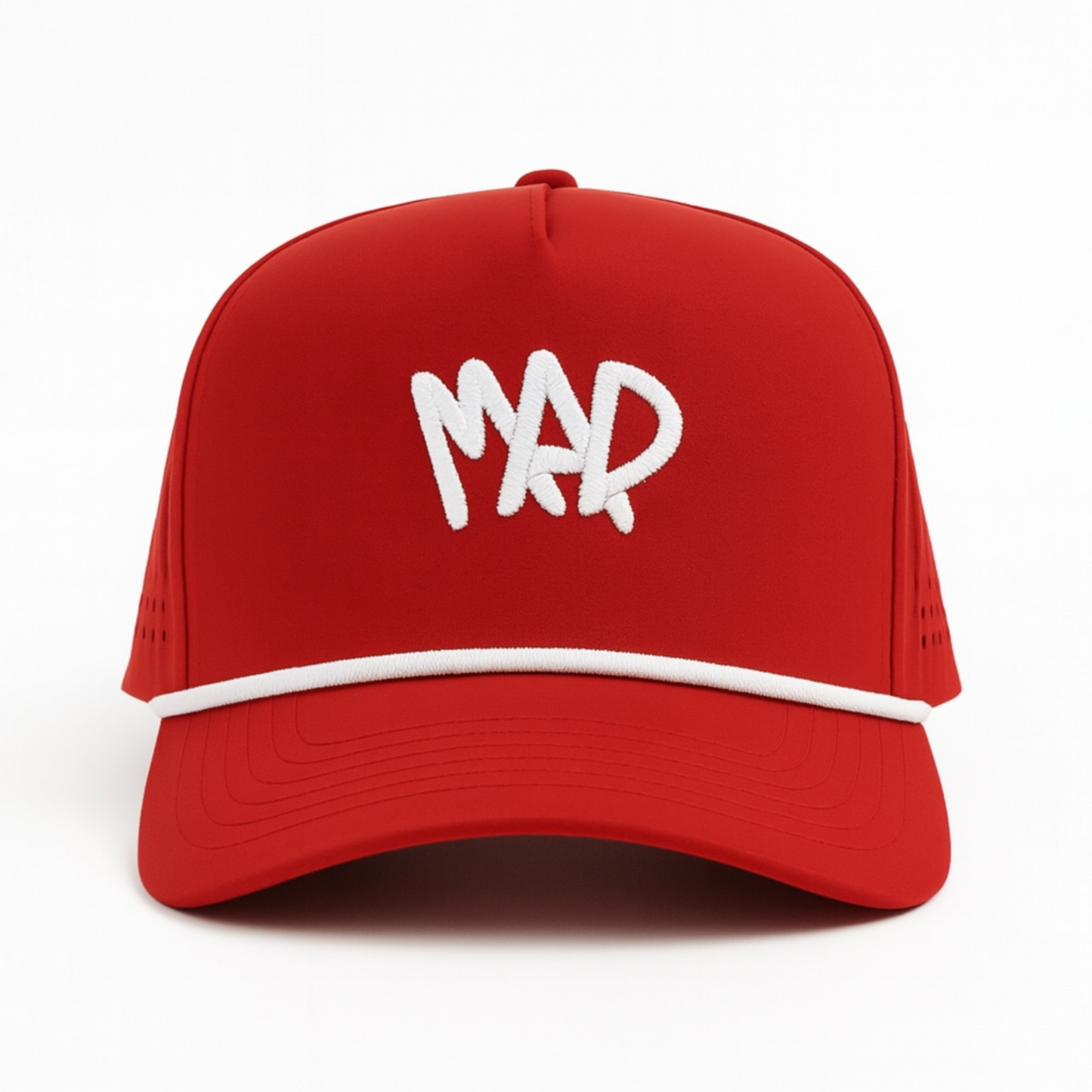 The Madcapper athletic rope hat in deep red - front view with white MAD logo five-panel design
