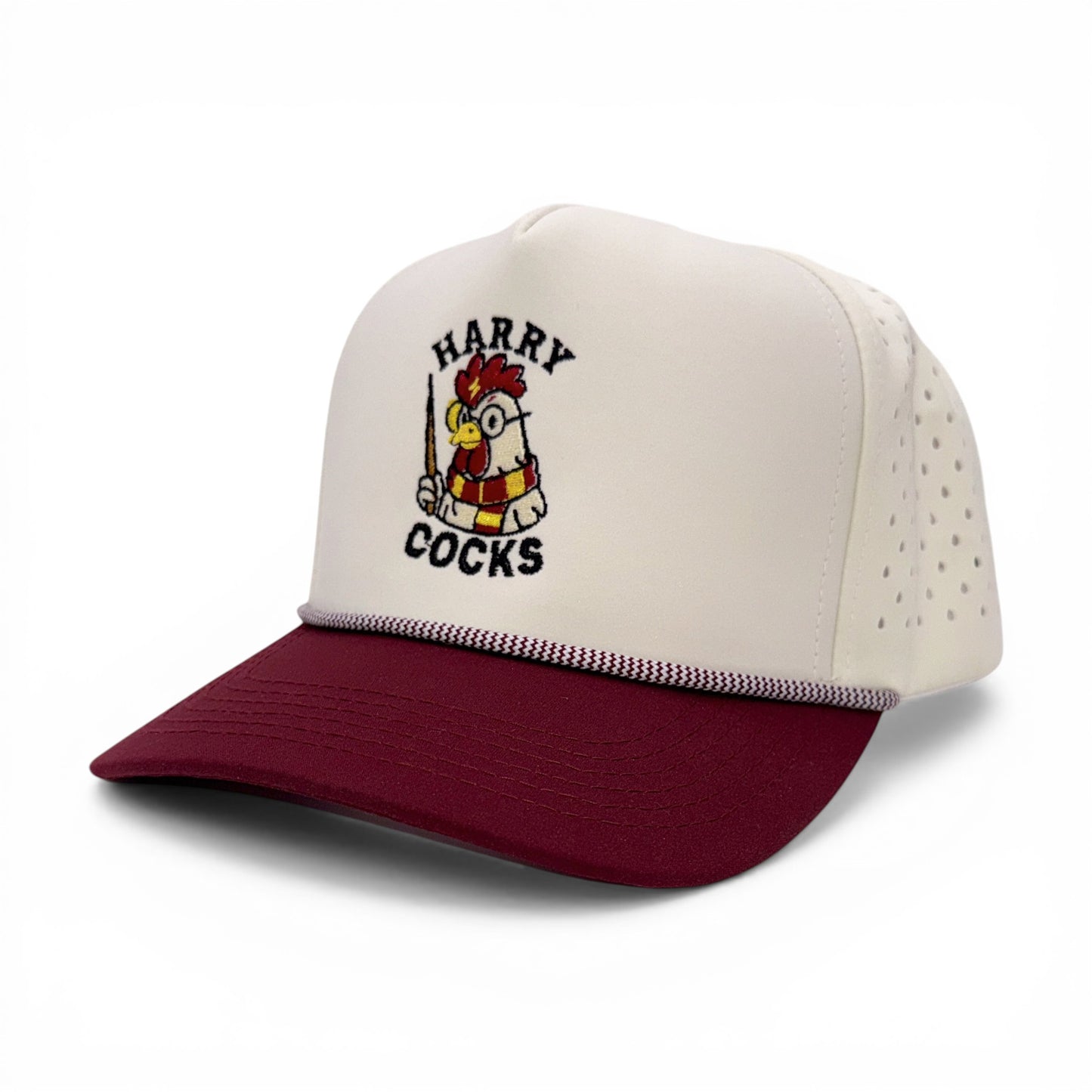 Harry Cocks Tan & Maroon Trucker Rope Cap – angled left view – Mad Capper embroidered hat