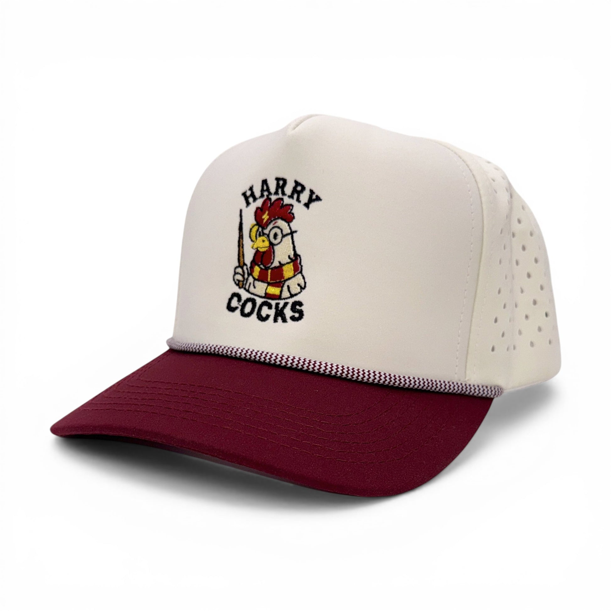 Harry Cocks Tan & Maroon Trucker Rope Cap – angled left view – Mad Capper embroidered hat