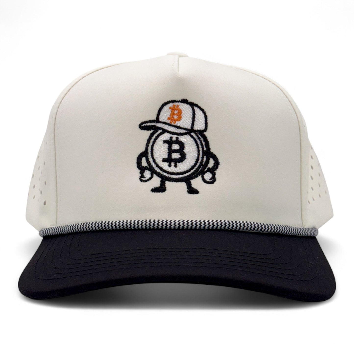 White cap with black embroidered design on a white background