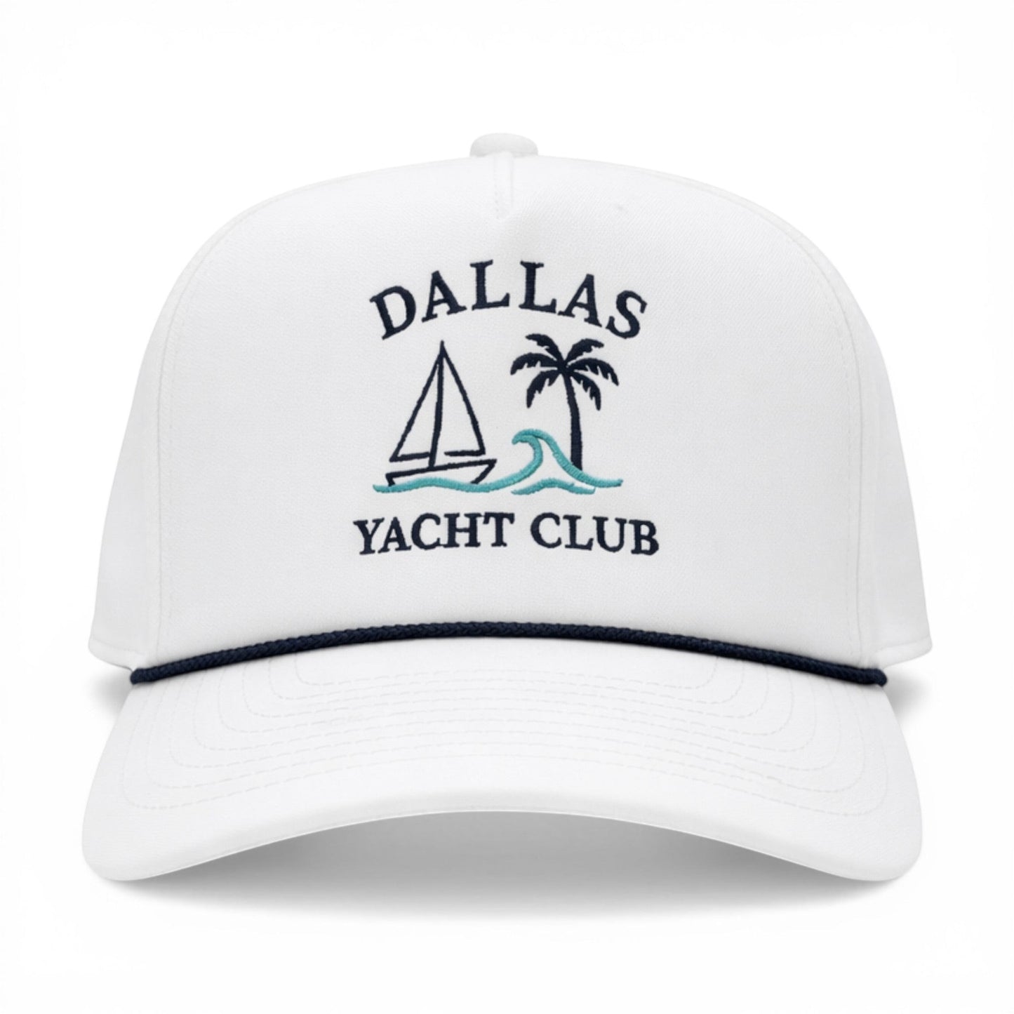 Dallas Yacht Club White with Navy Rope Imperial Cap – front view – Mad Capper embroidered hat