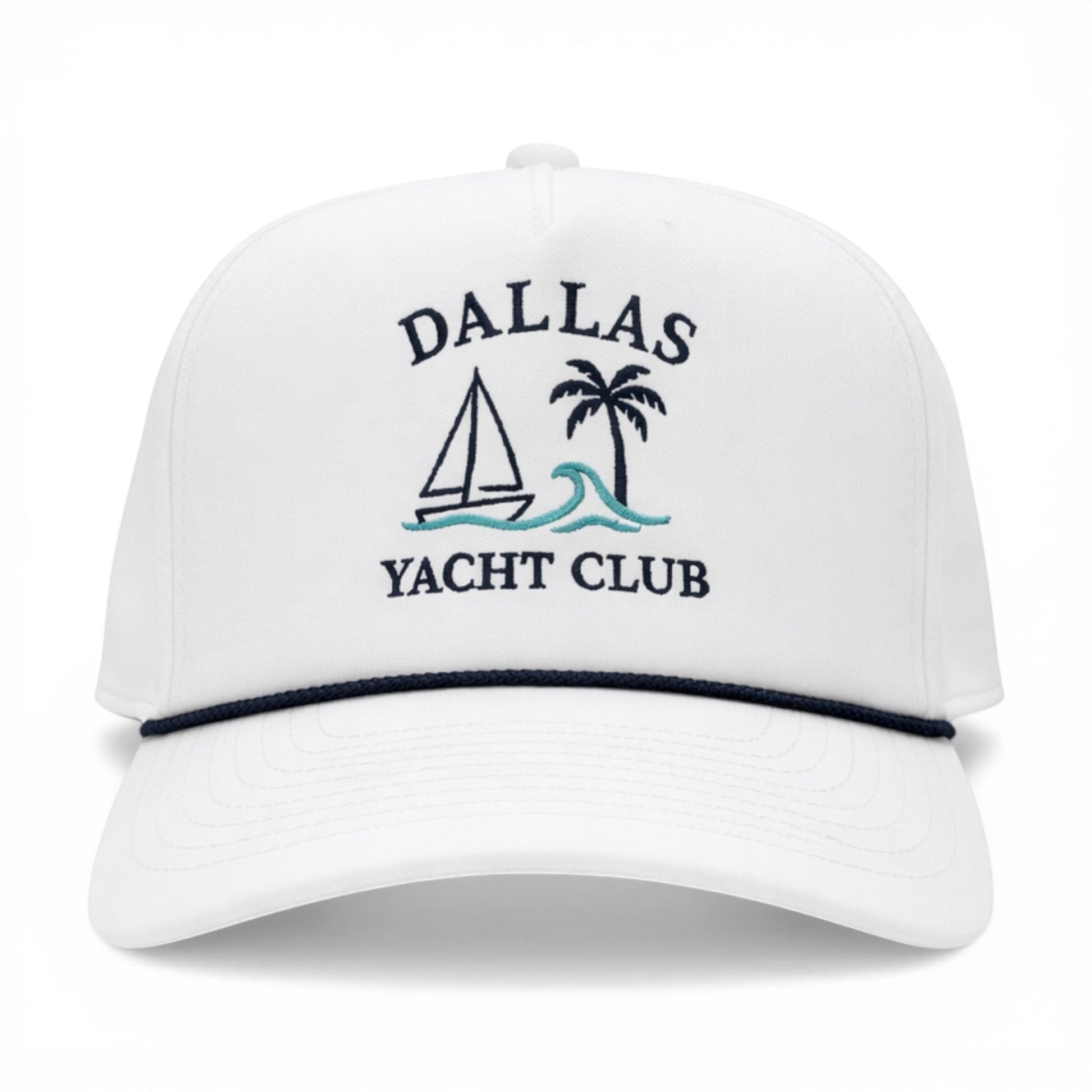 Dallas Yacht Club White with Navy Rope Imperial Cap – front view – Mad Capper embroidered hat