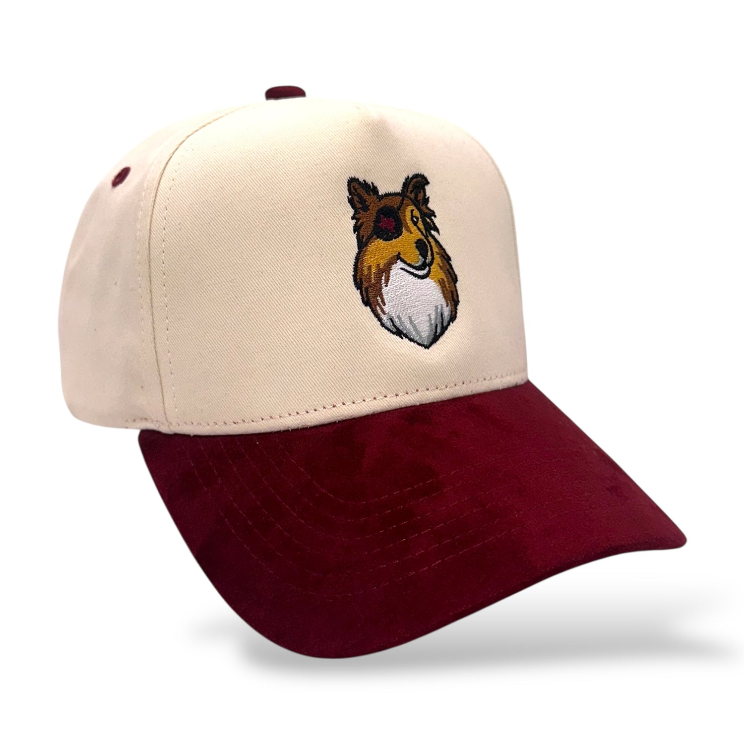 TouchHound Hat Tan and Red/Maroon Suede Bill - Side angle view showing custom embroidered logo and suede Red Bill