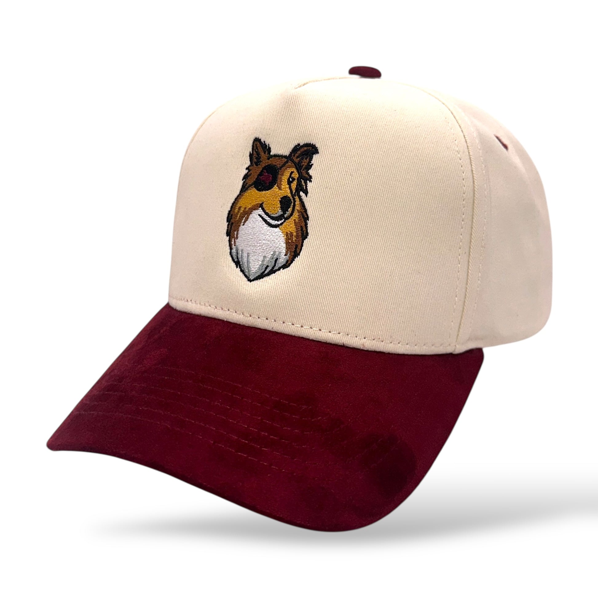 TouchHound Hat Tan and Red/Maroon Suede Bill - Side angle view showing custom embroidered logo and suede Red Bill