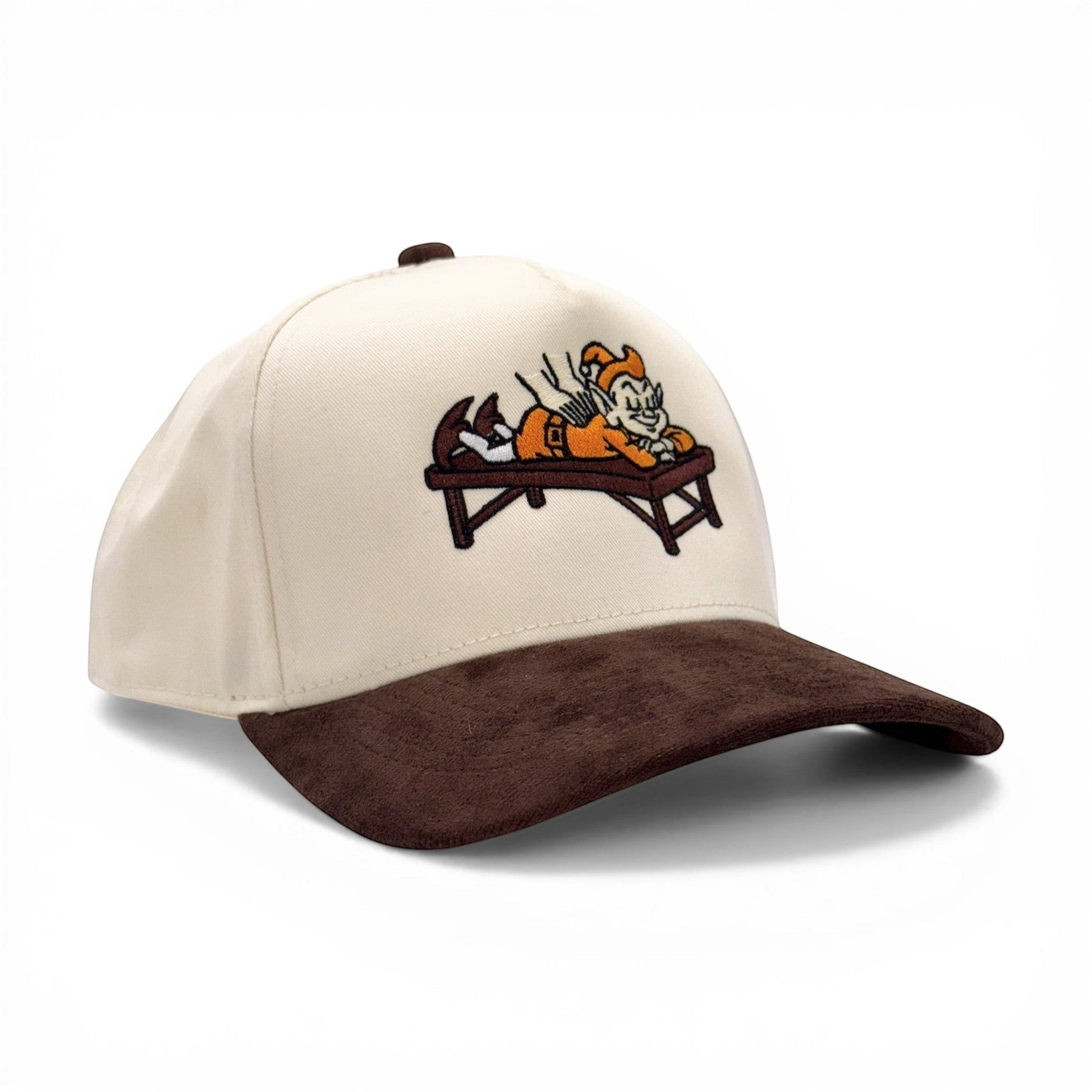 Brownie Massage Suede Bill Cap – angled right view – Mad Capper embroidered hat