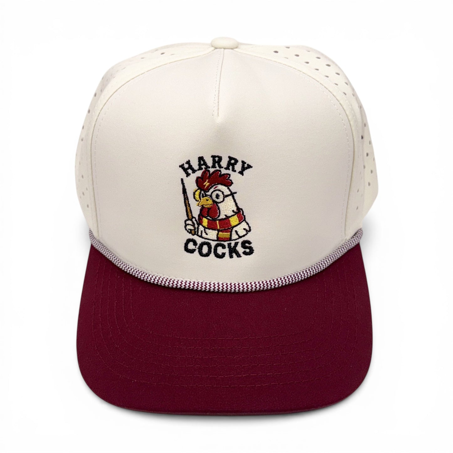 Harry Cocks Tan & Maroon Trucker Rope Cap – detail view – Mad Capper embroidered hat