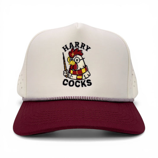 Harry Cocks Tan & Maroon Trucker Rope Cap – front view – Mad Capper embroidered hat