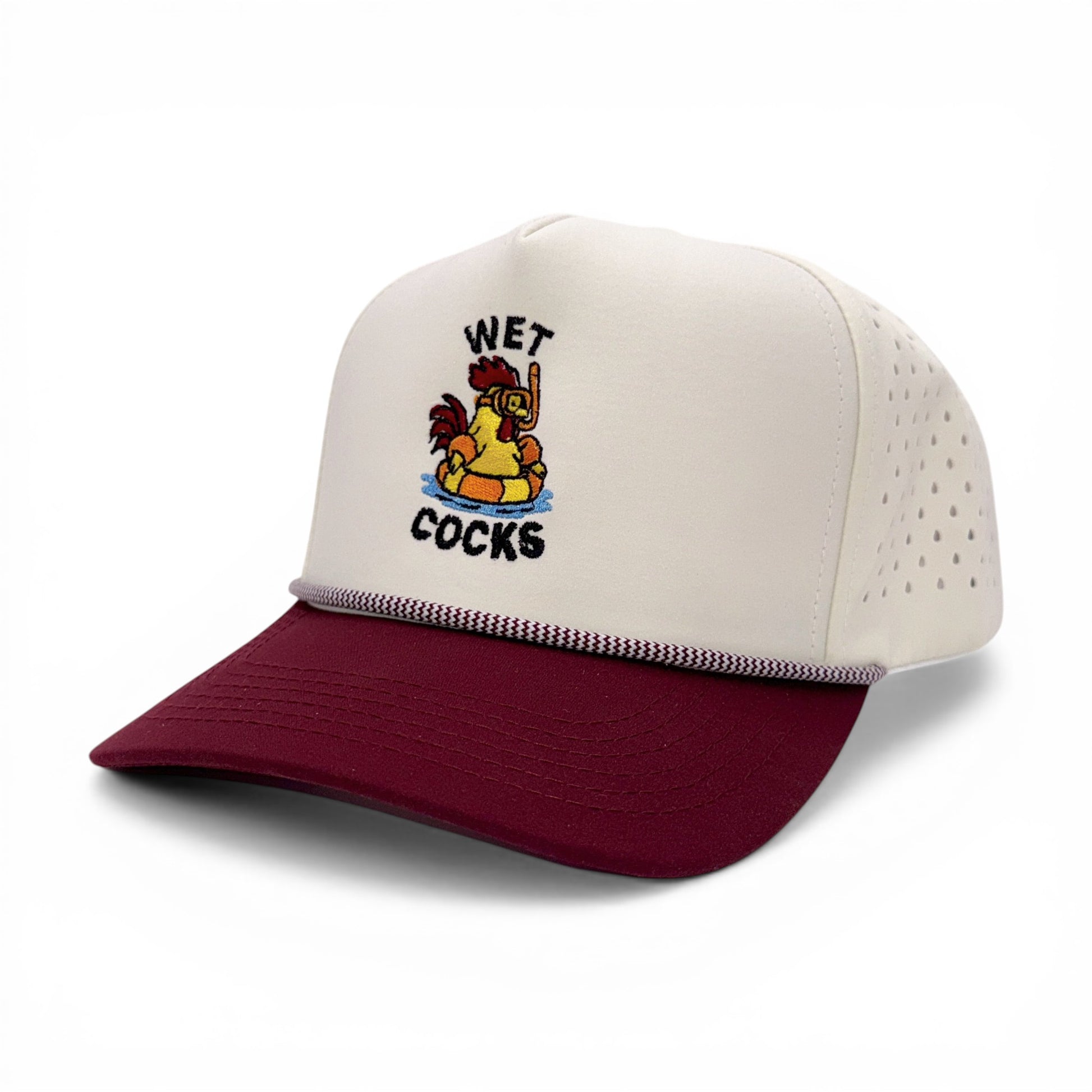 Wet Cocks Tan & Maroon Trucker Rope Cap – angled left view – Mad Capper embroidered hat