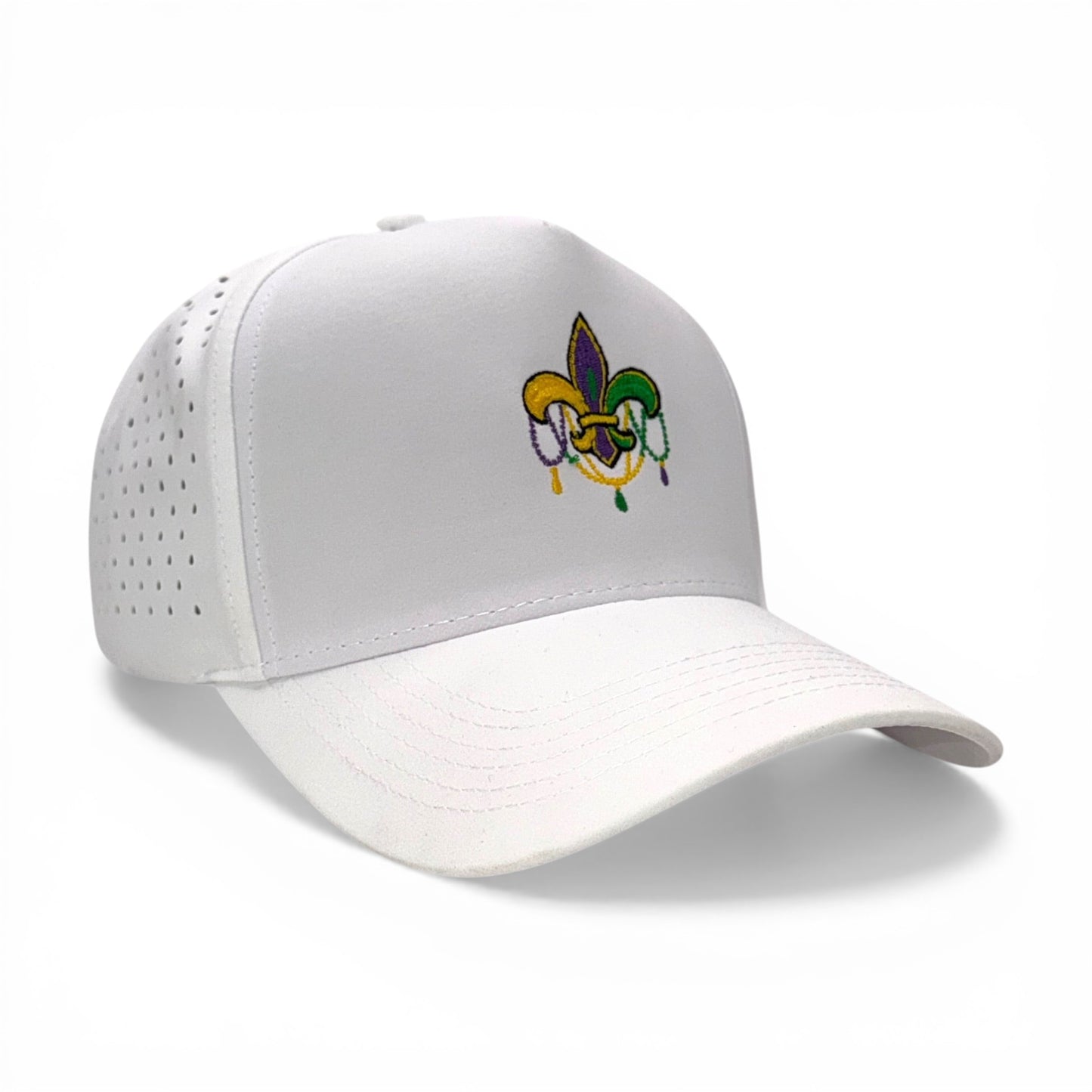 White baseball cap with embroidered design on a white background