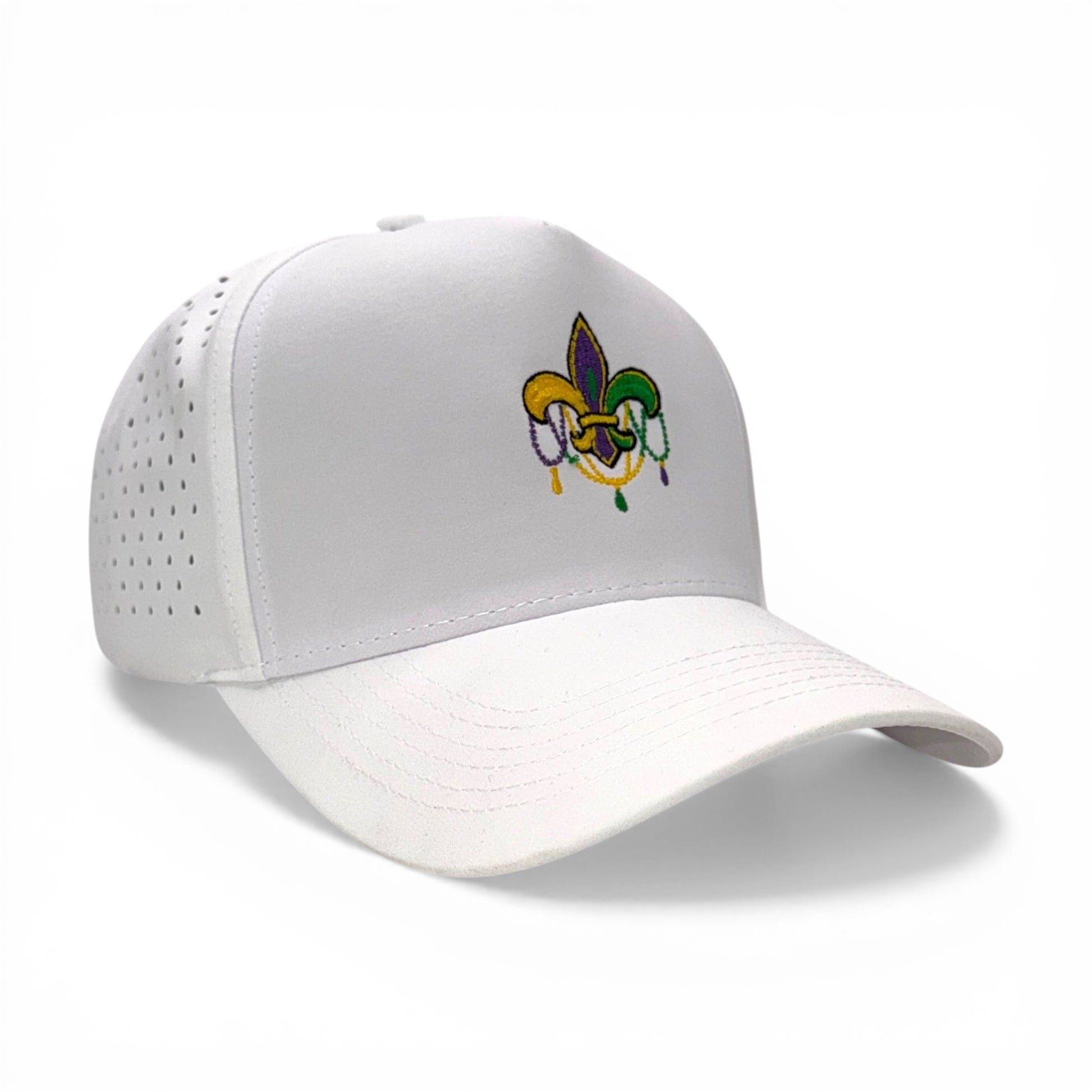 White baseball cap with embroidered design on a white background