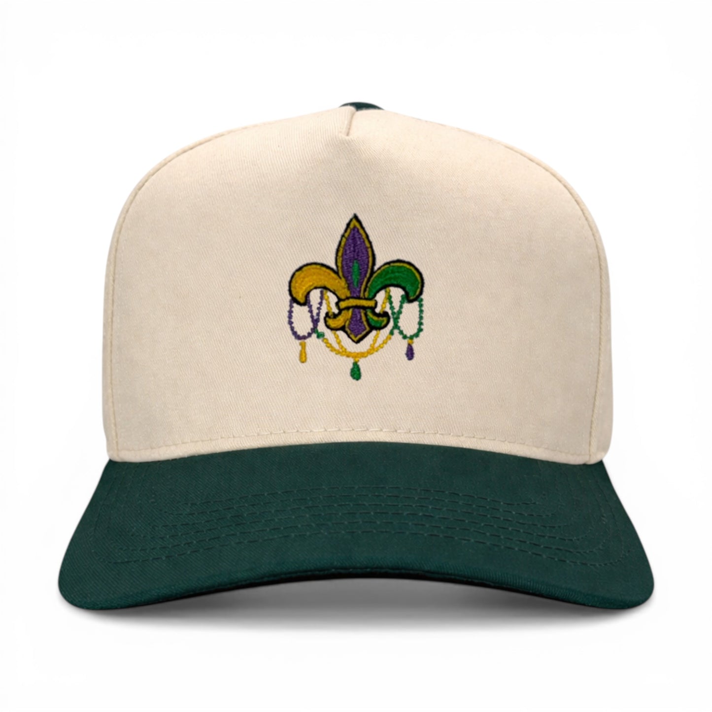 Fleur-de-Mardi Gras Hat – detail view – Mad Capper embroidered hat
