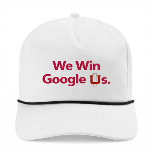 White cap with red text 'We Win Google Us' on a white background