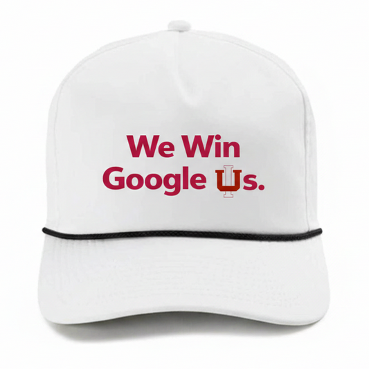 White cap with red text 'We Win Google Us' on a white background