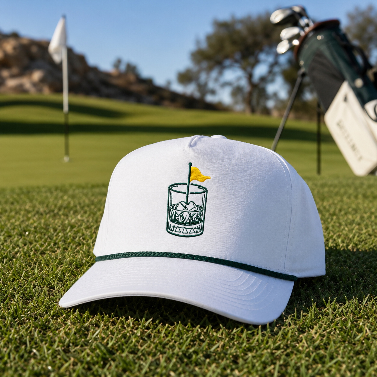 Mad Capper The 19th Drink golf hat lifestyle shot — embroidered golf cap, adjustable snapback