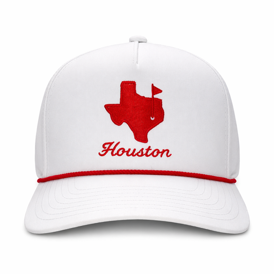 White cap with red Texas map and 'Houston' text on a white background