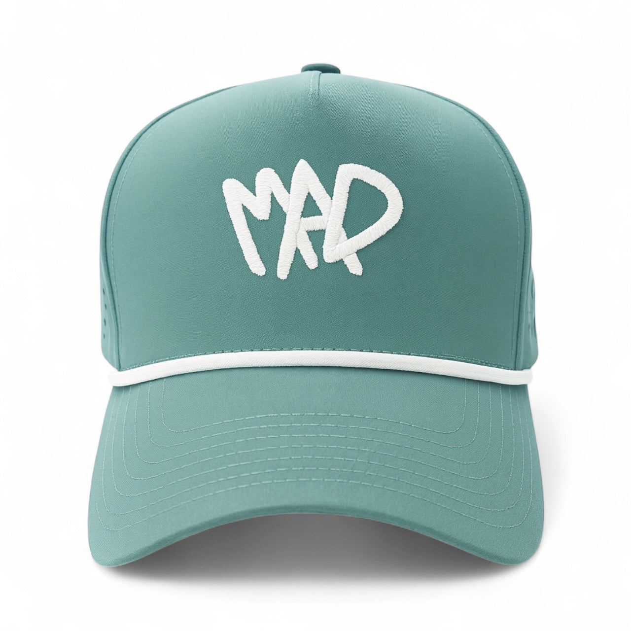 The Madcapper athletic rope hat in teal - front view showing white MAD logo and rope-front five-panel design