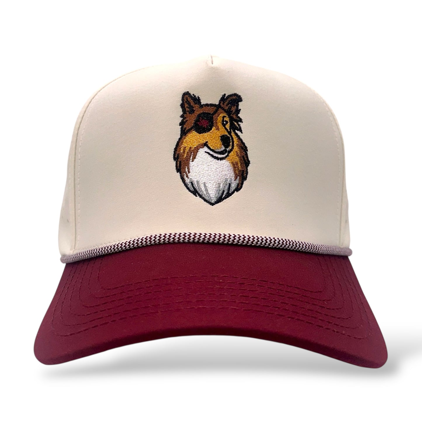 TouchHound Rope Hat Tan and Maroon - Front view showing custom embroidered logo