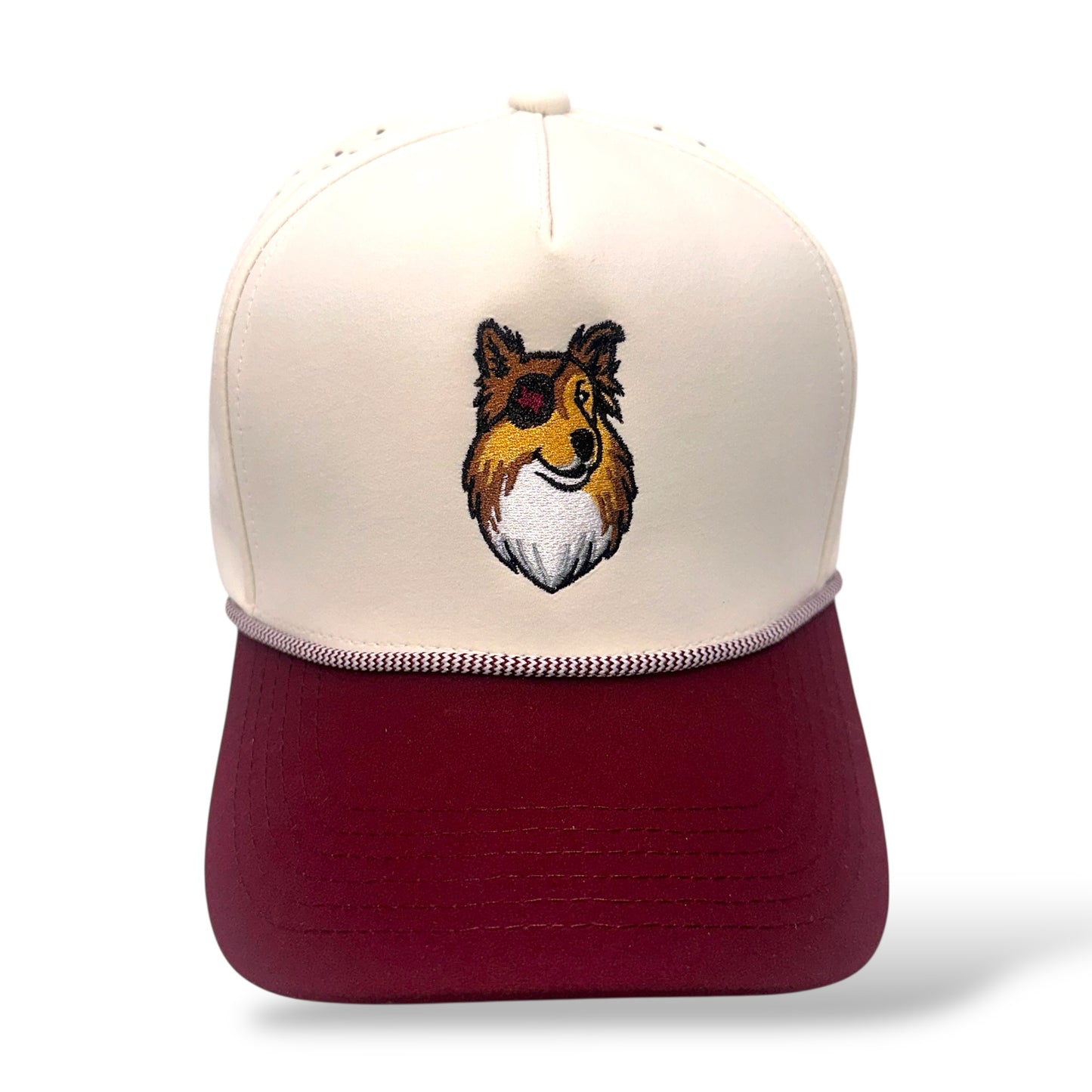 TouchHound Rope Hat Tan and Maroon - Front top-down angle view showing custom embroidered logo