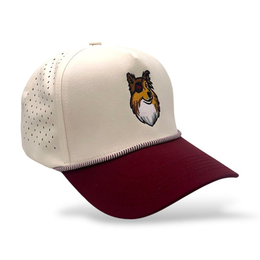 TouchHound Rope Hat Tan and Maroon - Side angle view showing custom embroidered logo and side perforated material