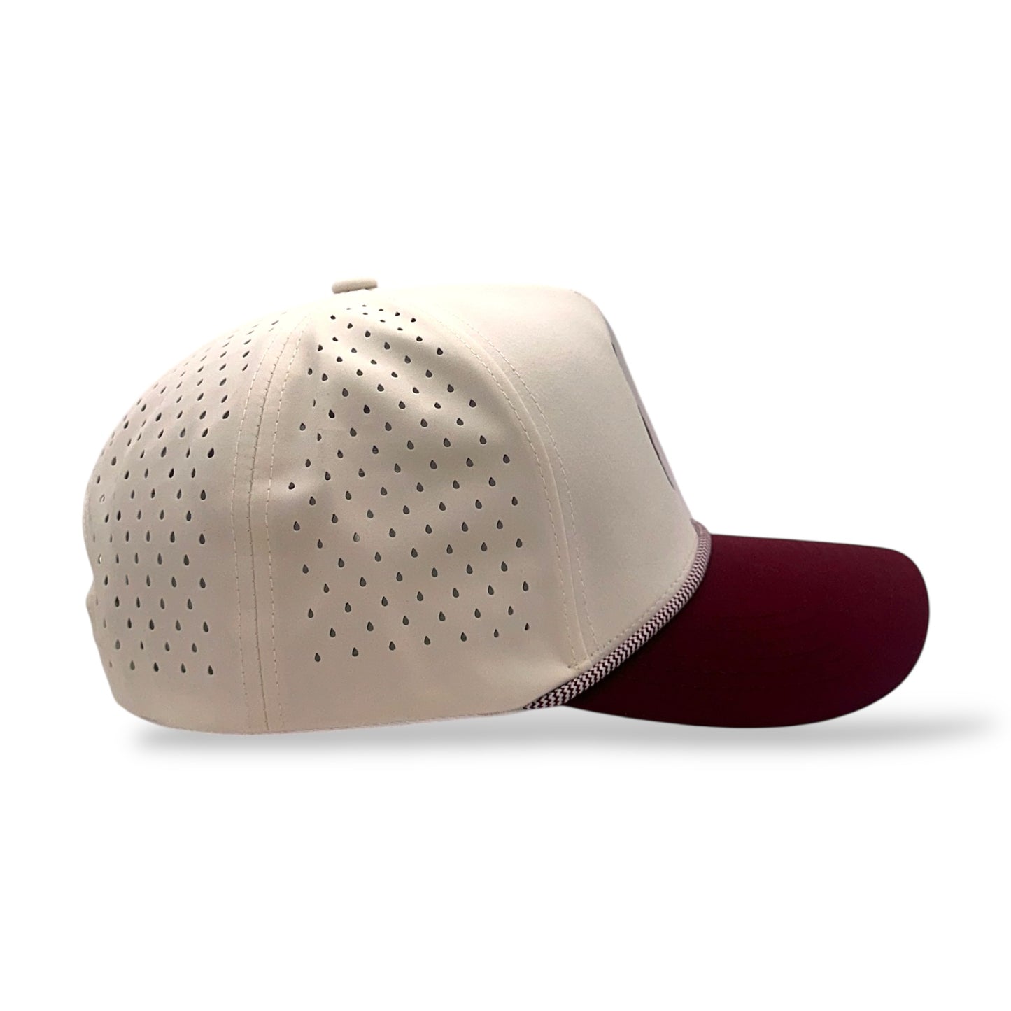 TouchHound Rope Hat Tan and Maroon - Side preofile view showing side perforated material