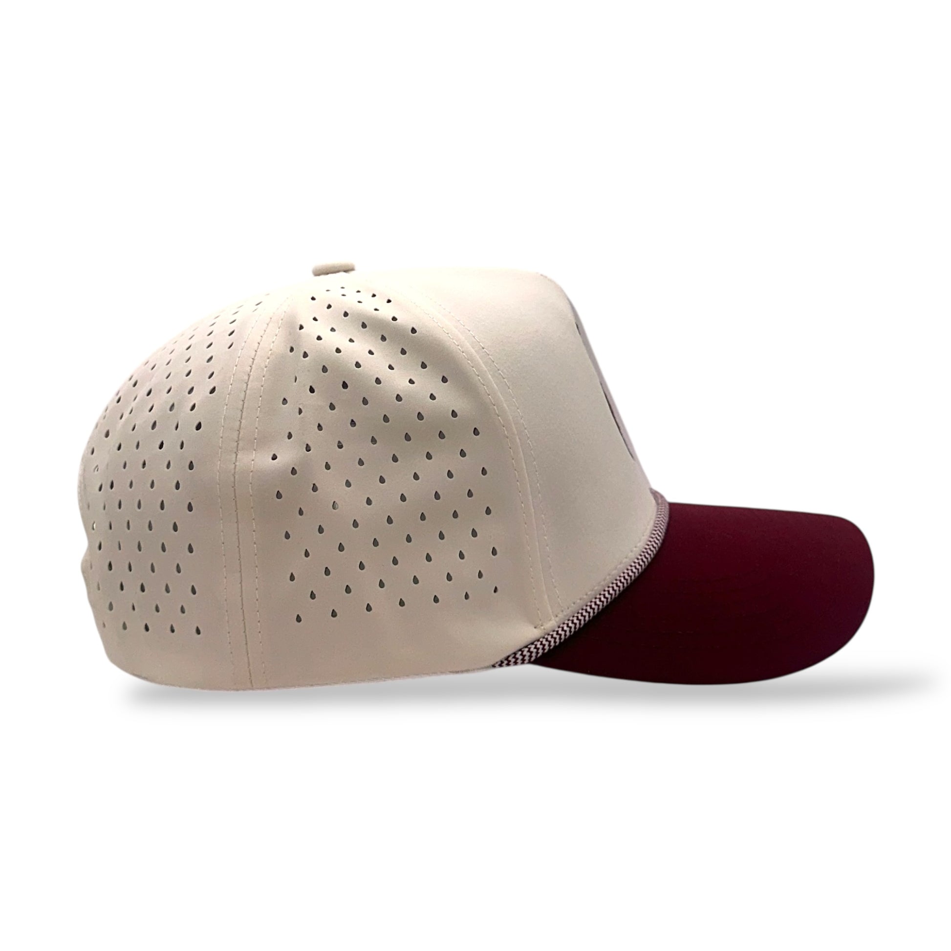 TouchHound Rope Hat Tan and Maroon - Side preofile view showing side perforated material