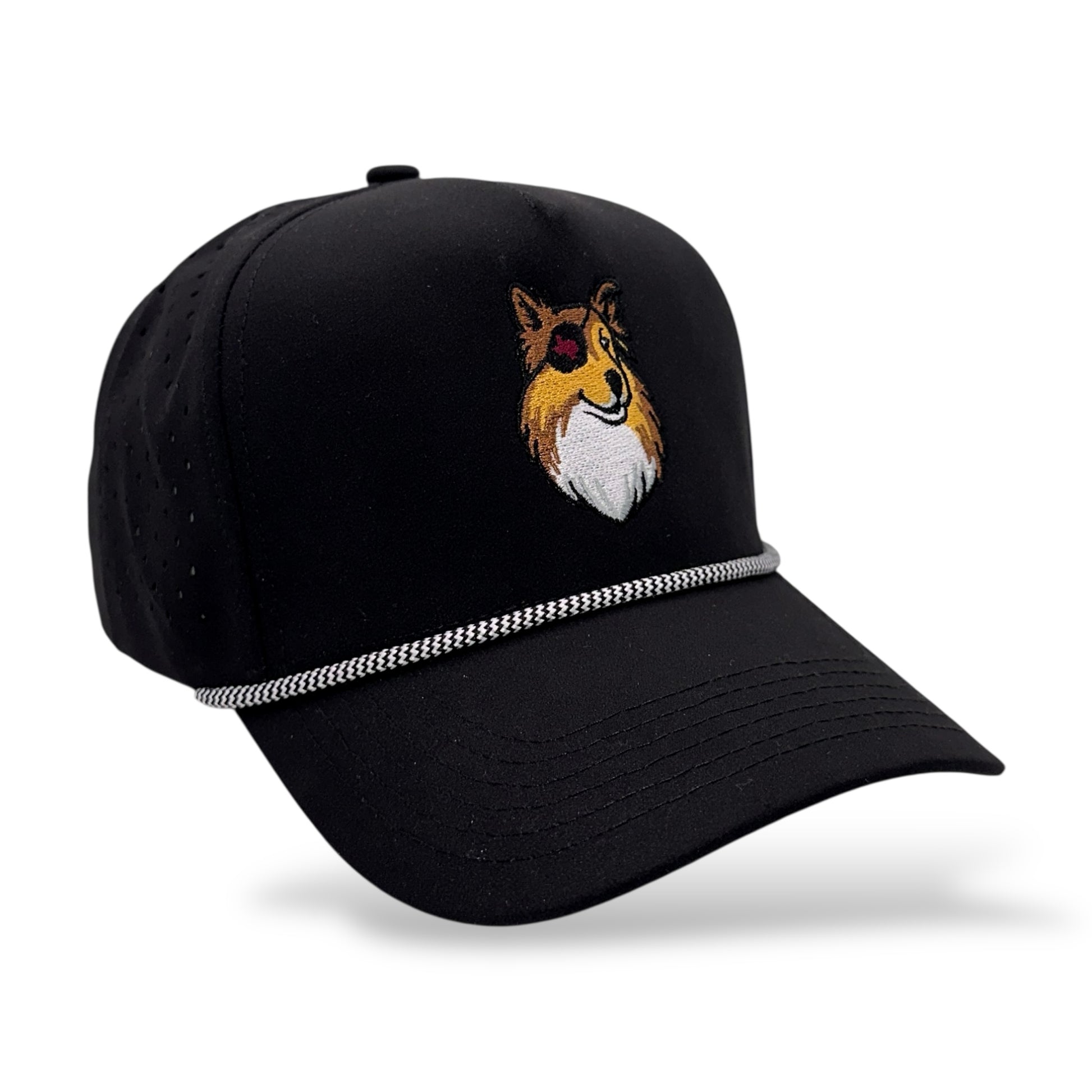 TouchHound Rope Hat Black - Side angle view showing custom embroidered logo, white rope, and side perforated material