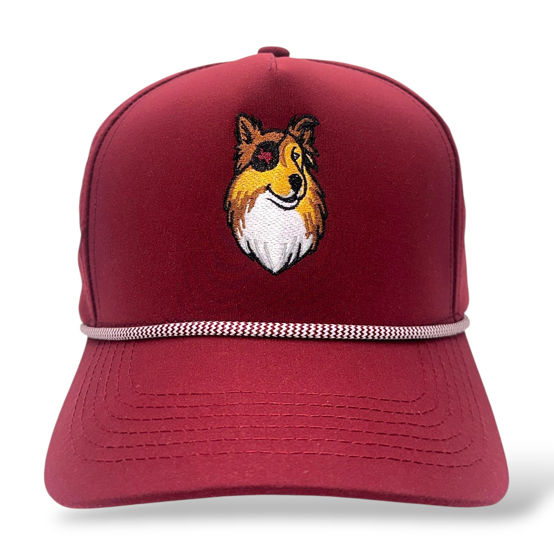 TouchHound Rope Hat All Maroon - Front angle view showing custom embroidered logo and white rope