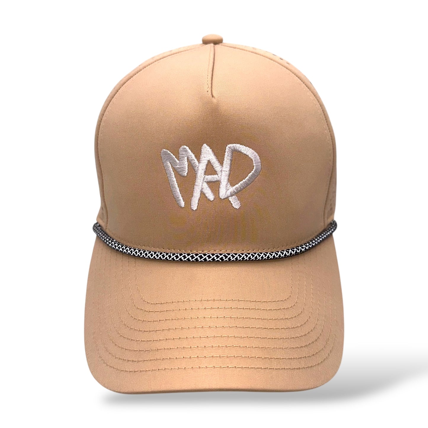 The Madcapper sport edition hat in khaki - front perspective showing moisture-wicking rope panel
