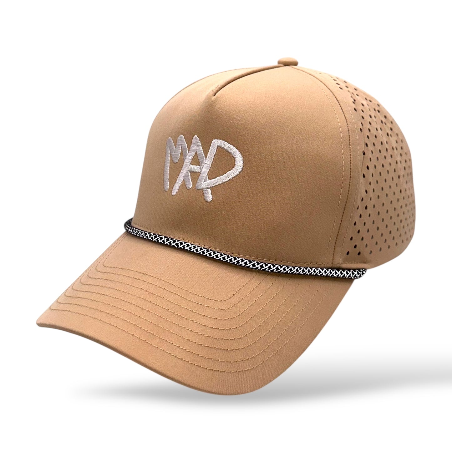 The Madcapper tan rope cap - side angle view showcasing five-panel athletic construction
