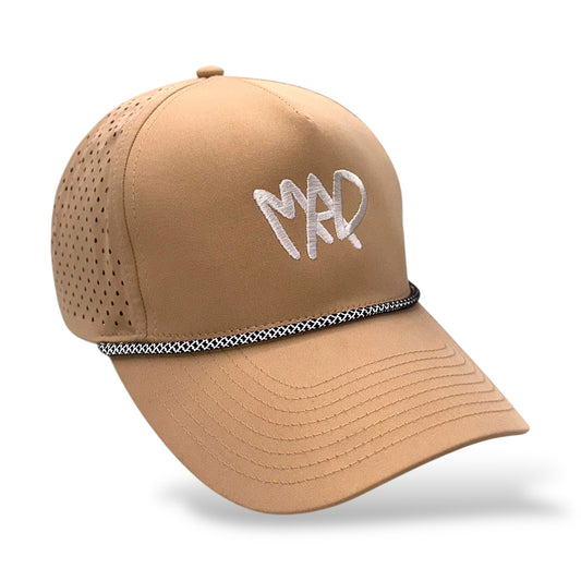 The Madcapper five-panel rope cap in tan - angled front view with white embroidered MAD logo
