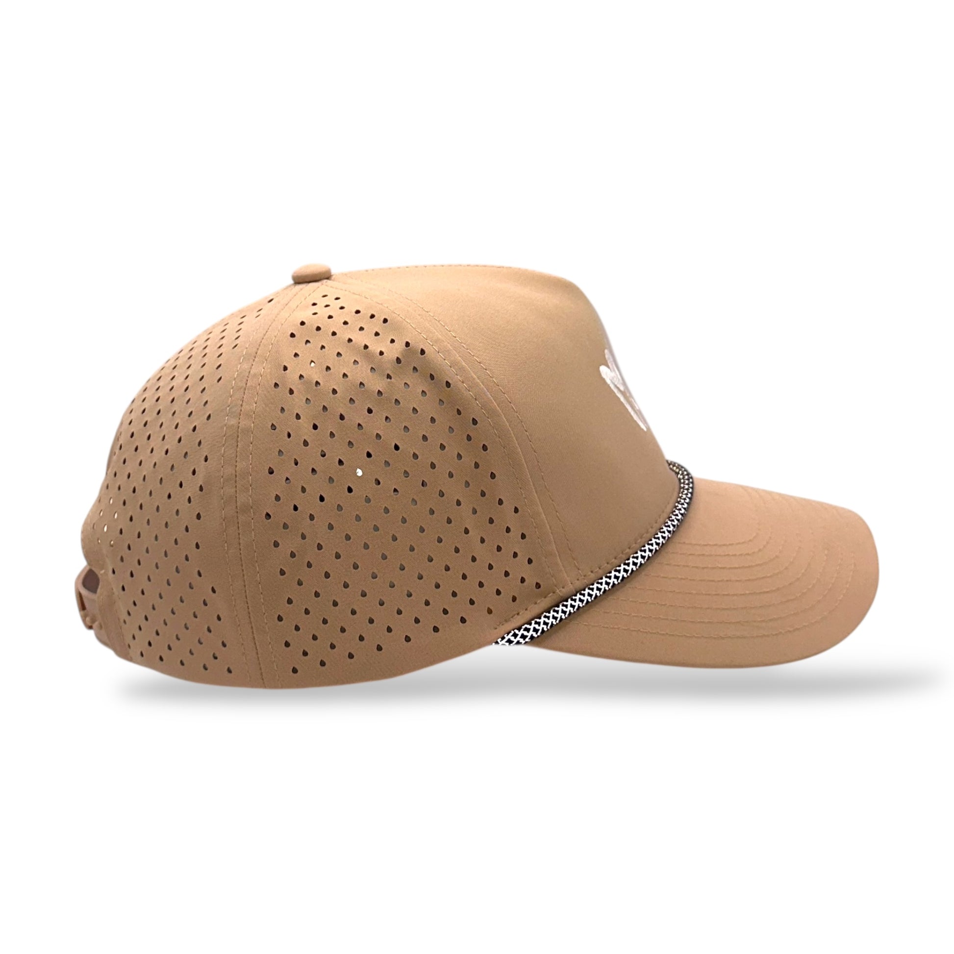 The Madcapper athletic rope hat tan - side profile view showing breathable mesh back panels